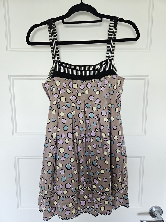 Tops - BCBGMaxAzria Taupe Polka Dot Sundress with Black & White Stripe Trim